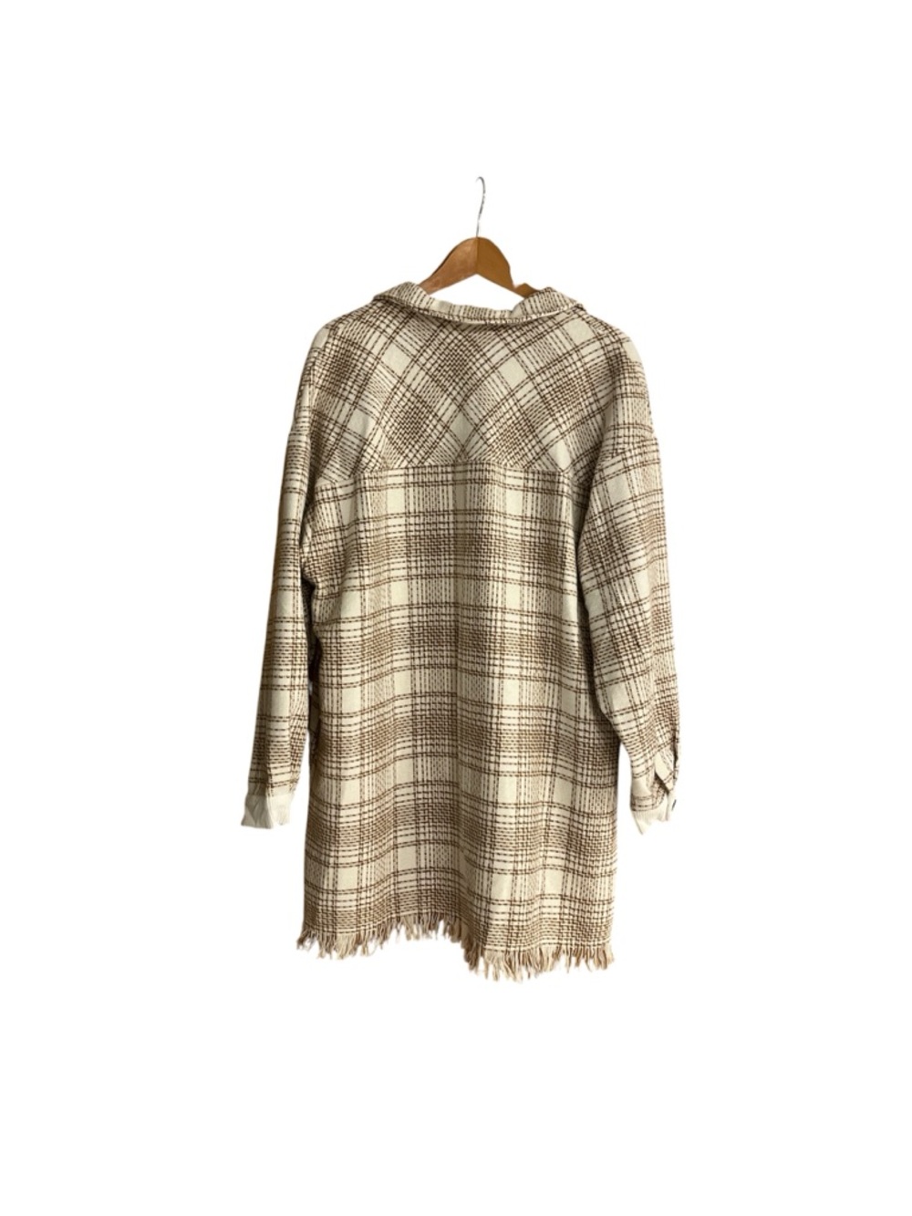 Plaid Fringe Hem Shacket Jacket - Cream and Brown - Picture 3 of 3